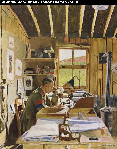Sir William Orpen Major A.N.Lee in his hut ofice at Beaumerie-sur-Mer